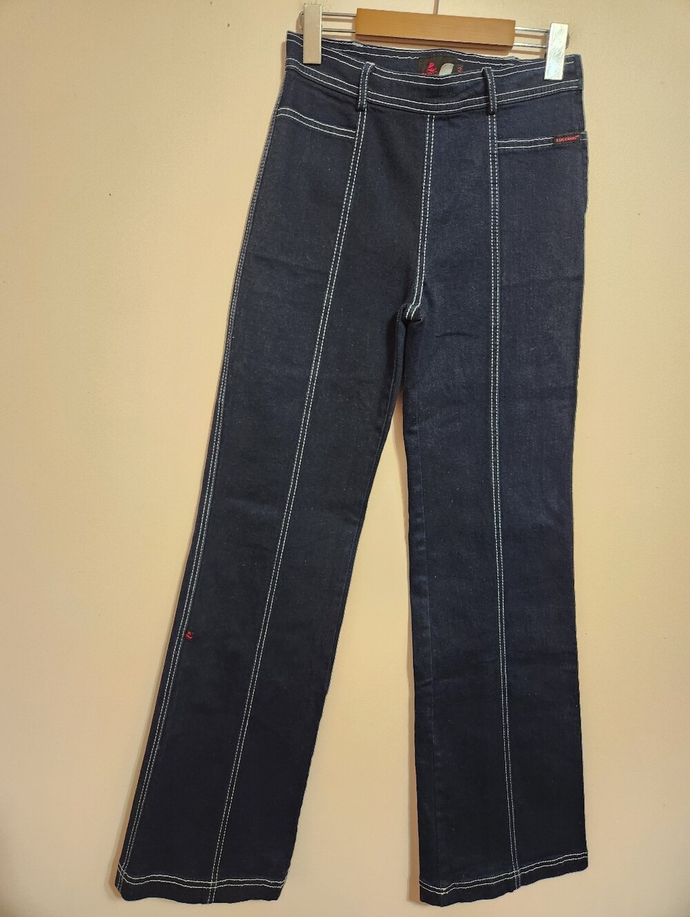 Vintage Y2K Luscious Denim Dark Wash Contrast Stitch Side Zip Flare Jeans Size 2